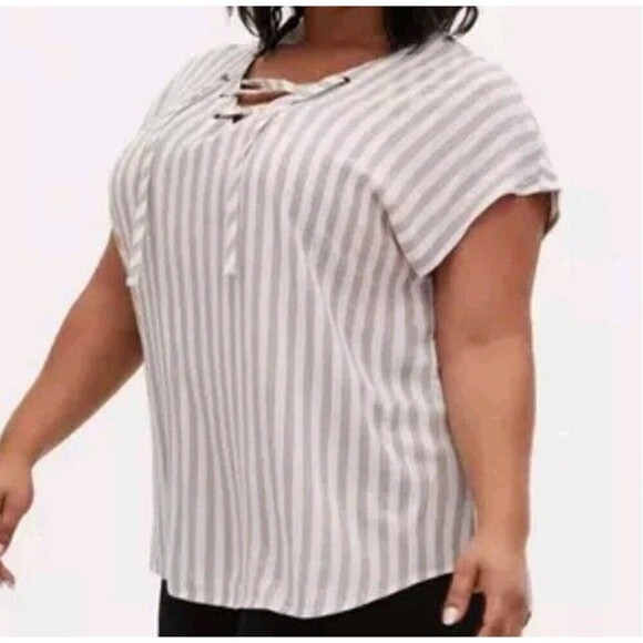 Torrid  Lace Up Top Plus Size 3X Taupe Stripe Dolman Sleeve  Rayon Shirt Blouse - Picture 1 of 6